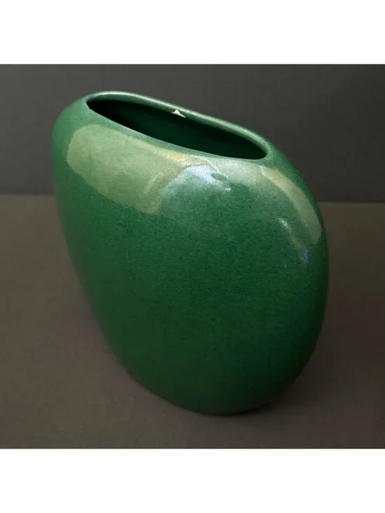 Vintage Green Ceramic Vase Glossy Finish Asymmetrical Oval Shape Modern Design - Picture 11 of 12